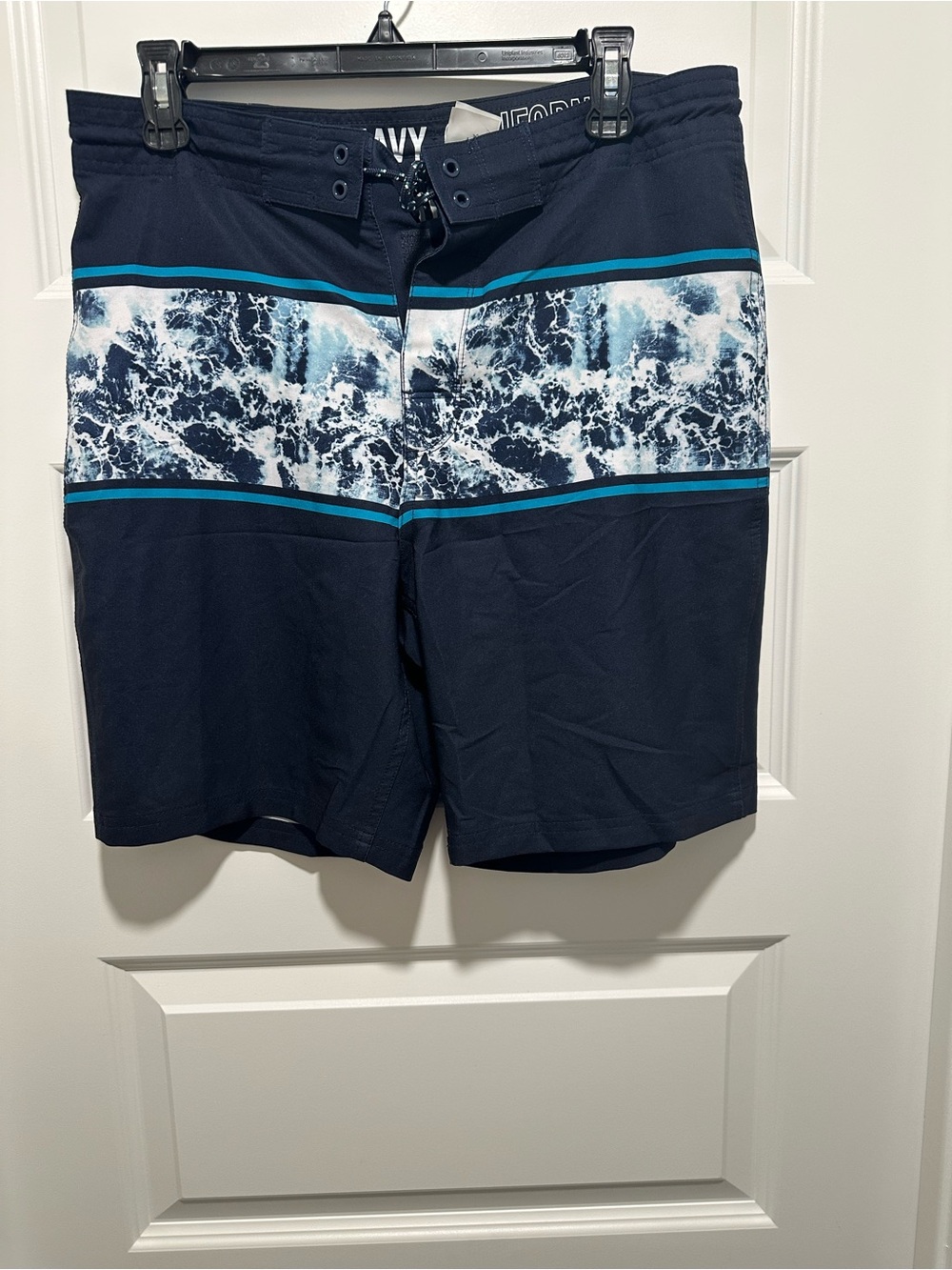Old Navy Navy and Aqua Wave-Print Swim Board Shorts